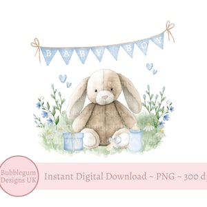 Bunny Rabbit Baby Boy blauwe bunting PNG, babyjongen sublimatie ontwerp, nieuwe baby, babyshower, schattige hangoor konijn, instant digitale download