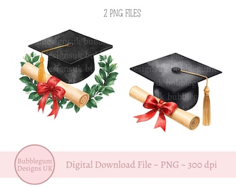 May include: Two watercolour illustrations of graduation elements. One features a black mortarboard, diploma with a red ribbon, and green foliage. The other shows a mortarboard and diploma with a red ribbon. Text reads "2 PNG FILES".