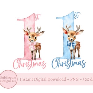 2er-Set - 1st Christmas Pink & Blue Deer PNG, Babys erstes Weihnachten, Weihnachtssublimation, Baby Deer, Rentier, sofortiger digitaler Download