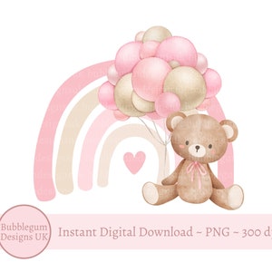Teddybär rosa Luftballons & Regenbogen PNG, Teddybär Clipart, Bär-Babyparty, Geburtstagsbär Luftballons, Baby Mädchen, Sofortiger digitaler Download