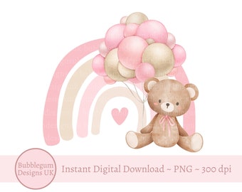 Teddy Bear palloncini rosa e arcobaleno PNG, clipart orsacchiotto, orsetto baby shower, palloncini compleanno orso, bambina, download digitale istantaneo