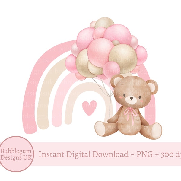 Teddy Bear Pink Balloons & Rainbow PNG, Teddy Bear Clipart, Bear Baby Shower, Birthday Bear Balloons, Baby Girl,Instant Digital Download