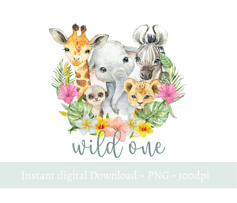 Wild One Baby Safari Animals PNG Watercolor Baby Animals T - Etsy