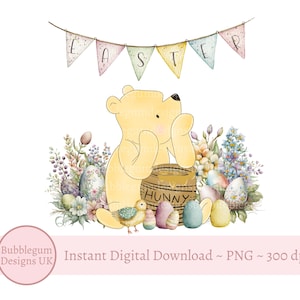 Diseño de sublimación de Pascua de Winnie The Pooh, PNG, pollito de Pascua y huevos de Pascua, arte imprimible, diseño de bolsa de regalo de Pascua, descarga digital instantánea