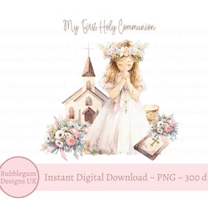 Meine erste heilige Kommunion PNG, blondes betendes Mädchen erste Kommunion Clipart, heilige Kommunionkartendesign, sofortiger digitaler Download