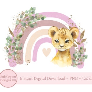 Bébé lionceau rose arc-en-ciel PNG, clipart mignon lionceau, nouveau design de carte de bébé, anniversaire Safari, téléchargement immédiat