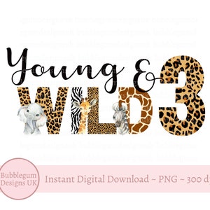 Jeune sauvage et trois bébés animaux de safari PNG, 3e anniversaire T shirt Sublimation Design, Safari 3e anniversaire, Jungle, téléchargement immédiat