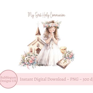 Minha Primeira Comunhão Sagrada PNG, Clipart de Primeira Comunhão de Menina Orando, Design de Cartão de Comunhão Sagrada, Download Digital Instantâneo