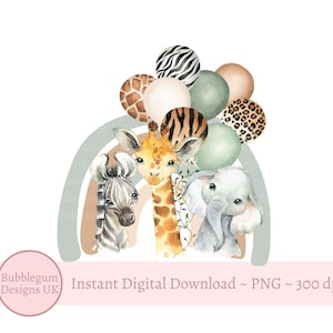 Animales de safari neutrales Arcoíris PNG, lindo elefante, jirafa, cebra Clipart, diseño de tarjeta para bebé recién nacido, cumpleaños de safari, descarga digital instantánea