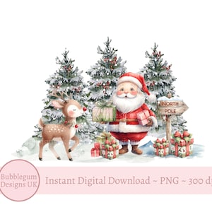 Papai Noel e Rena PNG, Design de Sublimação do Pólo Norte de Natal, Design de Caixa de Véspera de Natal, Design de Saco de Papai Noel, Download Digital Instantâneo