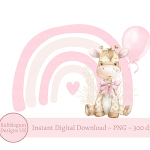 Balão Rosa Girafa e Arco-íris PNG, Clipart Girafa Fofo, Chá de Bebê Girafa, 1º Aniversário Arco-íris Rosa, Menina Bebê, Download Digital Instantâneo