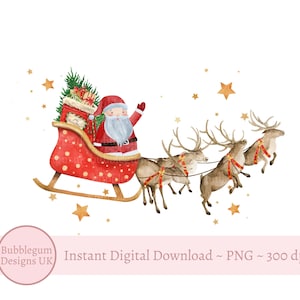 Trenó de rena do Papai Noel PNG, Clip Art de Natal, Design de Saco de Papai Noel, Cartão de Natal, Sublimação de Natal, Download Digital Instantâneo