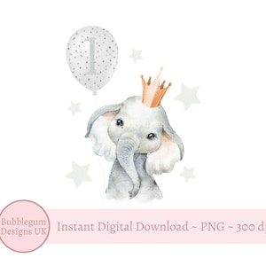 Bebé elefante primer cumpleaños PNG, diseño de sublimación de elefante de acuarela en corona de fiesta, imagen de tarjeta de primer cumpleaños, descarga digital instantánea,