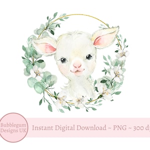 Baby Lamb Wreath PNG, Watercolor Baby Animal, Lamb Sublimation Design, Farm Birthday Party, Easter Lamb,  Instant Digital Download