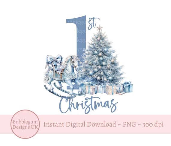 Blue Christmas Tree Rocking Horse PNG, 1st Christmas Sublimation Design, Christmas Card Design, Santa Sack Design, Instant Digital Download