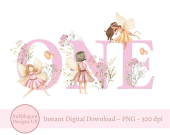 Pink Fairy Wildflower One PNG, Fairies Sublimation Design, Fairy Birthday Party Decor, Whimsical Fairy Party, Instant Digital Download