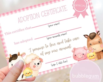 Adopt A Farm Animal Adoption Certificate, Pink Farm Party Favour, Girls Farm Birthday, Pink Farm Party Printable, INSTANT DIGITAL DOWNLOAD