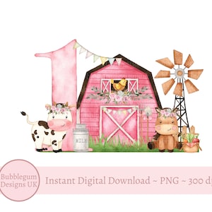 Grange de la ferme rose 1er anniversaire PNG, sublimation de basse-cour rose, conception de T Shirt de ferme pour filles, animaux de la ferme, téléchargement immédiat