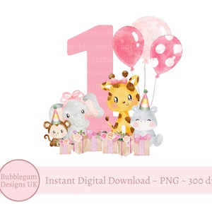 Premier anniversaire de bébé animaux de safari rose PNG, aquarelles bébés animaux, conception en sublimation de la jungle, image de carte d'anniversaire, téléchargement numérique instantané