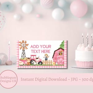 Pink Farm Tent Food Label, JPG, Farm Birthday Decor, Table Decoration, Pink Farm Party Printable Decor, Instant DIGITAL DOWNLOAD