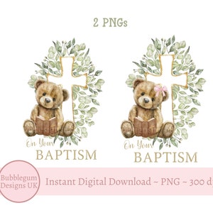 Conjunto de 2 ositos de peluche y cruz de bautismo bíblico PNG, diseño de sublimación de bautismo, tarjeta de bautismo, cruz de eucalipto, descarga digital instantánea
