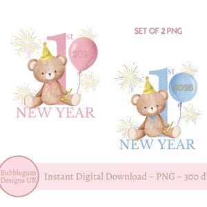 2 x Ursinho de pelúcia 1º Ano Novo PNG, Ursinho de pelúcia azul e rosa, Design de sublimação para véspera de Ano Novo, Dia de Ano Novo 2026, Download digital instantâneo