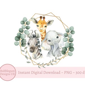 Coroa de animais de safári de bebê PNG, animais de bebê em aquarela, selvagem, dois selvagens, design de sublimação de aniversário, selva, safari, download digital