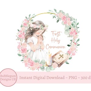 Erste heilige Kommunion Kranz PNG, Mädchen 1. Kommunion Sublimationsdesign, rosa Blumenkranz, Bibel, Beten, sofortiger digitaler Download