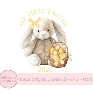 Lemon Yellow Happy Easter Lop Ear Bunny & Basket Sublimation Design, PNG, Easter Bunny, 1st Easter, Bunny Rabbit, Instant Digital Download