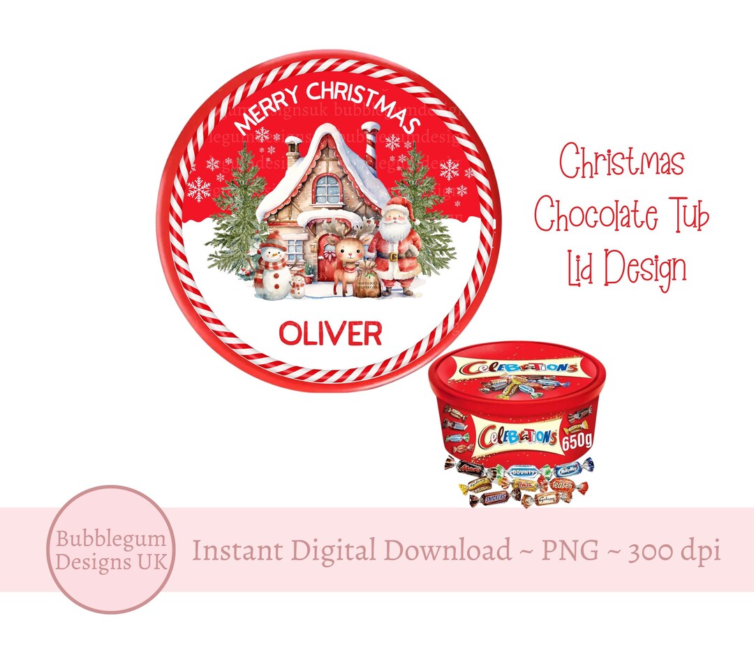 Merry Christmas Santa House Chocolate Tub Lid Design, PNG, Printable