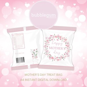 Roze bloemenkrans Happy Mother's Day-traktatiepakket, afdrukbare A4 JPG, Moederdagtraktatietasje, zakje chips, frisse tas, instant digitale download