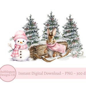 Pink Cape Bunny & Schneemann Weihnachten Wald Sublimation, PNG, Heiligabend Box Design, Santa Sack Design, Kaninchen Sofortiger digitaler Download