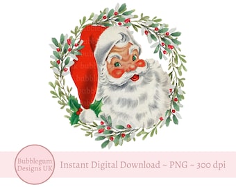 Santa Christmas Wreath PNG, Christmas Clip Art, Vintage Santa Design , Holiday Sublimation, Instant Digital Download