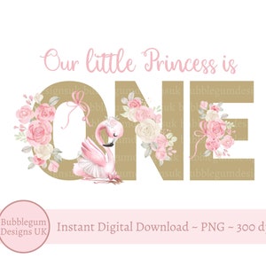 Notre petite princesse a un an, flamant rose et roses PNG, premier anniversaire sublimation Design, 1er anniversaire de petite fille, téléchargement numérique immédiat