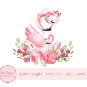 Roze flamingo moeder en baby met roze rozen - babyshower, nieuwe baby, sublimatie afbeelding, png, instant digitale download