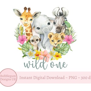 Animais selvagens de safári PNG, animais bebês em aquarela, design de sublimação para camisetas, design de cartão de aniversário, download digital instantâneo