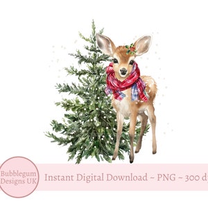 森の鹿のクリスマスの森 PNG、クリスマスの鹿、クリスマスの休日の昇華、スカーフを巻いたかわいい鹿、トナカイ、インスタントデジタルダウンロード