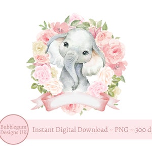 Ghirlanda di rose rosa e crema a forma di elefante in formato PNG, elefante acquerello, disegno a sublimazione, 1° compleanno, baby shower, download digitale istantaneo