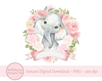 Baby Elephant Pink & Cream Roses Wreath PNG, Watercolor Elephant, Sublimation Design, 1st Birthday, Baby Shower, Instant Digital Download