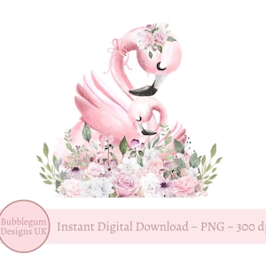 Mère flamant rose et bébé avec des roses roses - Shower de bébé, nouveau bébé, sublimation graphique, PNG, téléchargement numérique instantané