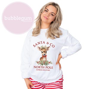 K&ouml;nnte beinhalten: Wei&szlig;er Weihnachtspullover mit einer rot-gr&uuml;nen Illustration eines Rehs mit einer roten Schleife und dem Text "Santa & Co. North Pole Express Delivery".