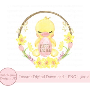 Happy Easter Baby Chick Spring Daffodil Floral Wreath, PNG, Baby's 1st Easter Sublimation Design, Instant Digital Download