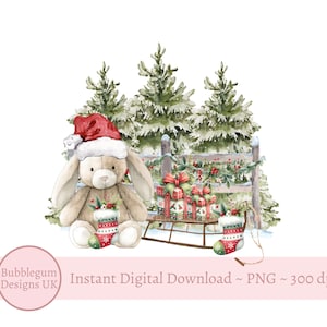 Christmas Bunny & Sledge Woodland PNG, Projekt kartki świątecznej, Sublimacja worka Świętego Mikołaja, Topper pudełka na Wigilię, Natychmiastowe pobieranie cyfrowe