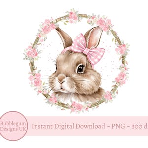 Easter Bunny & Pink Bow Rose Wreath Sublimation Design, PNG, Easter Bunny Pink Gingham Bow, Brown Bunny Rabbit, Instant Digital Download