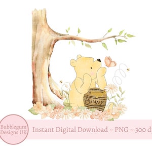 Klassieke Winnie de Poeh PNG, Winnie Pooh sublimatieontwerp, decor verjaardagsfeestje, honingpotbeer, instant digitale download