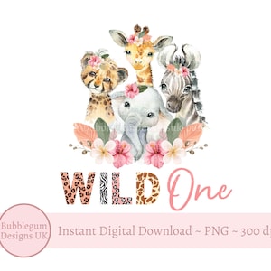 Wild One Baby Safari Animals PNG, Akwarelowe Małe Zwierzęta, Projekt Sublimacji Koszulki, Projekt Kartki Urodzinowej, Natychmiastowe Pobieranie Cyfrowe