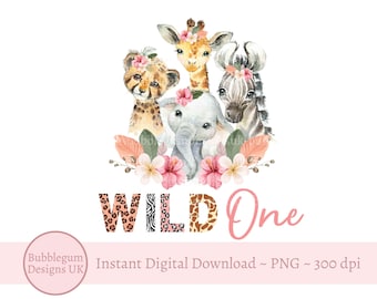 Wild One Baby Safari Animals PNG, Watercolor Baby Animals, T Shirt Sublimation Design, Birthday Card Design, Instant Digital Download