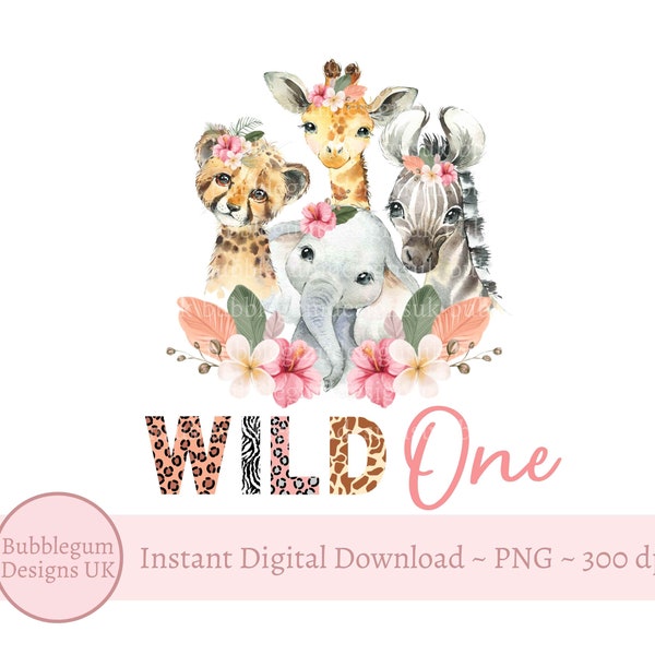 Wild One Baby Safari Animals PNG, Watercolor Baby Animals, T Shirt Sublimation Design, Birthday Card Design, Instant Digital Download