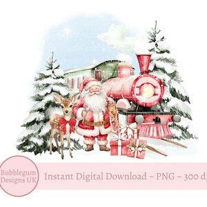 Babbo Natale e cervi, design a sublimazione del treno di Natale rosso, PNG, design della maglietta del primo Natale, design del sacco di Babbo Natale, download digitale istantaneo