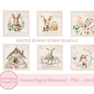 Juego de sellos postales de conejito de Pascua PNG, juego de sellos de conejito, pegatinas, carta de conejito de Pascua, matasellos de Pascua, descarga digital instantánea